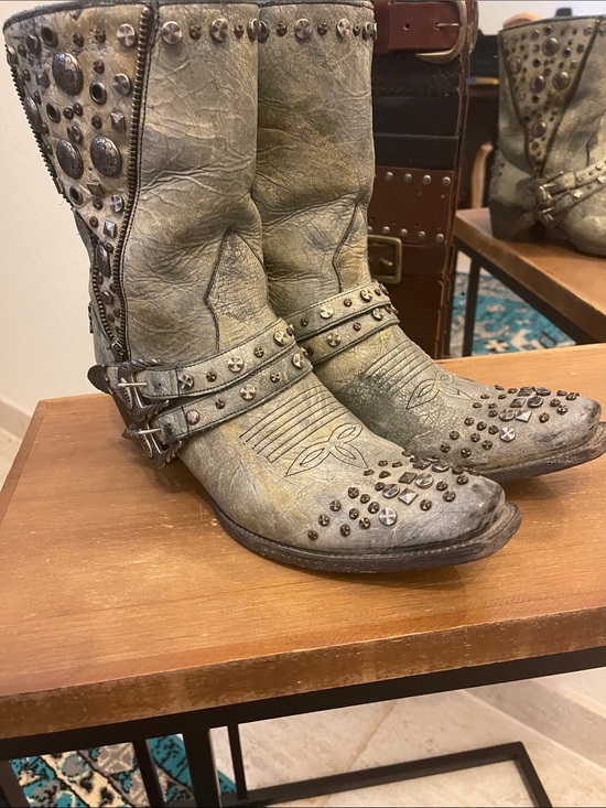 Double D Ranch Shoes - Double D Ranch Distressed Studded Gray Cowboy Boots